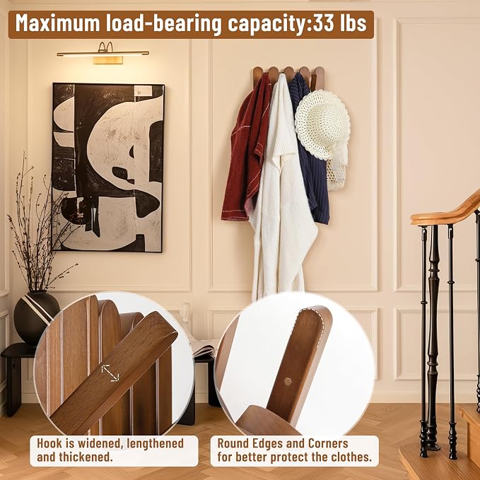 Wooden Coat Rack for Wall: Modern Piano 4 Hooks Wall Mounted Heavy Duty for Small Spaces Entryway Hallway Bathroom for Hanging Jacket Towel Backpack