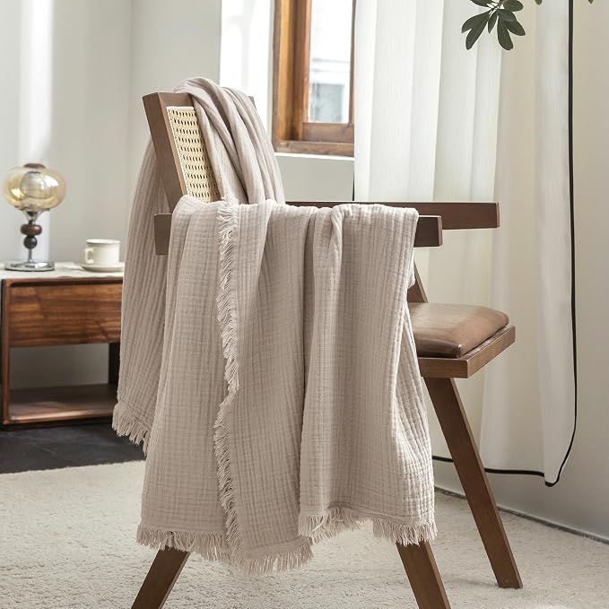 FOSSA Muslin Blanket 4-Layer 100% Cotton Gauze Blanket with Fringe 104"x90" | Super Soft Breathable Lightweight All Season & Decorative Blanket or Bed, Sofa, Office (Beige Gray, King)