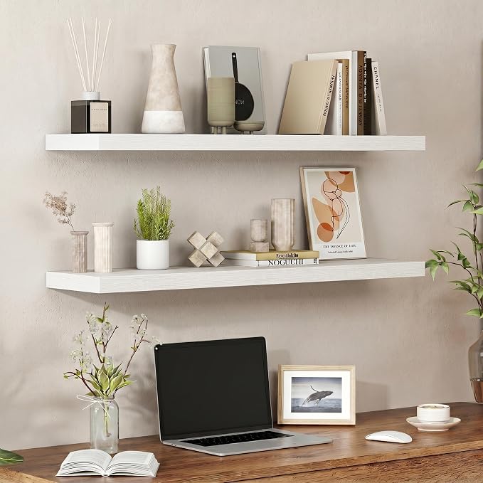 Heimlove 40 Inches Floating Shelves for Wall,9.3" Deep White Long Floating Shelves Set of 2,Large Display & Storage Shelf,Wall Shelf for Bathroom Bedroom Living Room Kitchen Office