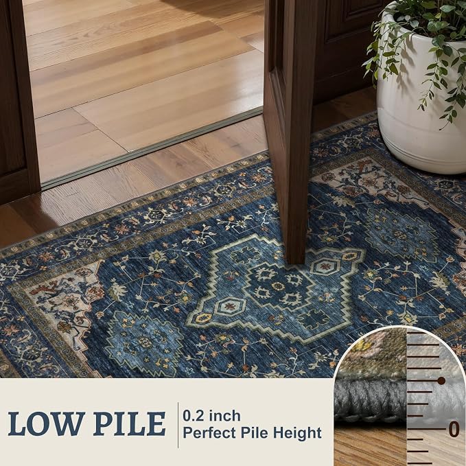 Tangsoo Dark Blue 5x7 Area Washable Rugs for Living Room, Oriental Indoor Non Slip Large Area Rugs, Vintage Print Carpet, Soft Low Pile Foldable Floor Rug for Bedroom Dining Room Dorm Home Decor