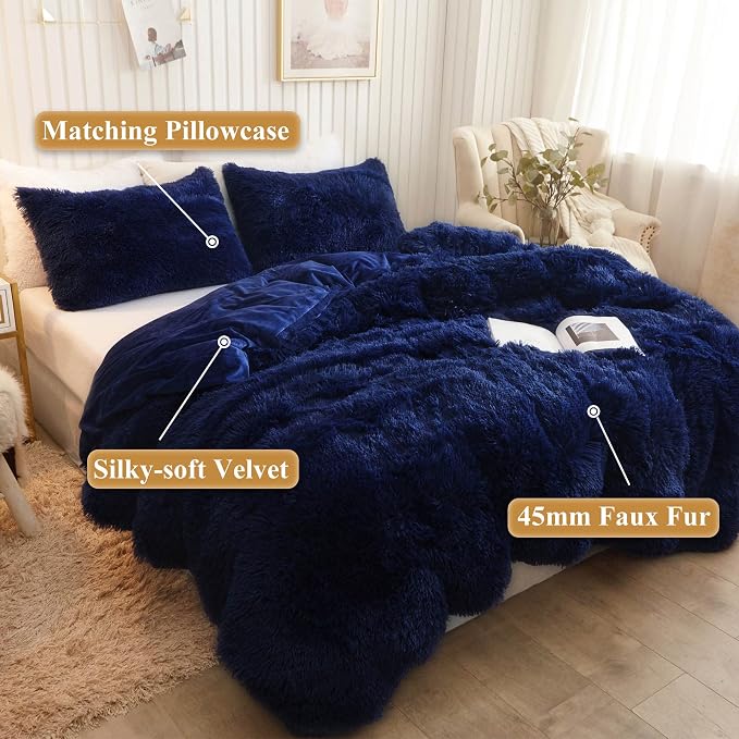 XeGe Plush Shaggy Duvet Cover Set, Luxury Ultra Soft Crystal Velvet Fluffy Bedding Sets 2 Pieces(1 Faux Fur Furry Comforter Cover + 1 Fuzzy Faux Fur Pillowcase), Zipper Closure(Twin, Navy Blue)