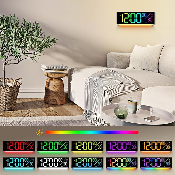 12" Digital Wall Clock: LED Large Display Clock with Remote, 11 RGB Color Modes, Wall Mount or Tabletop Decor for Classroom Dorm Office, Big Numbers for Seniors Kids