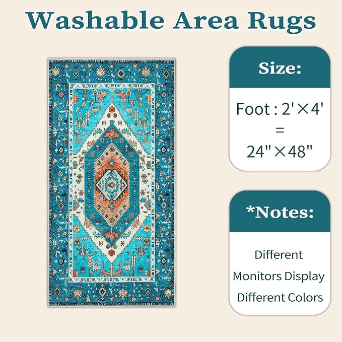 SERISSA 2x4 Boho Rugs for Entryway, Washable Non-Slip Kitchen Runner Rug, Ultra Soft Small Area Rug Vintage Blue Low-Pile Door Mat Indoor Entrance Carpet for Bedroom Hallway Laundry Room