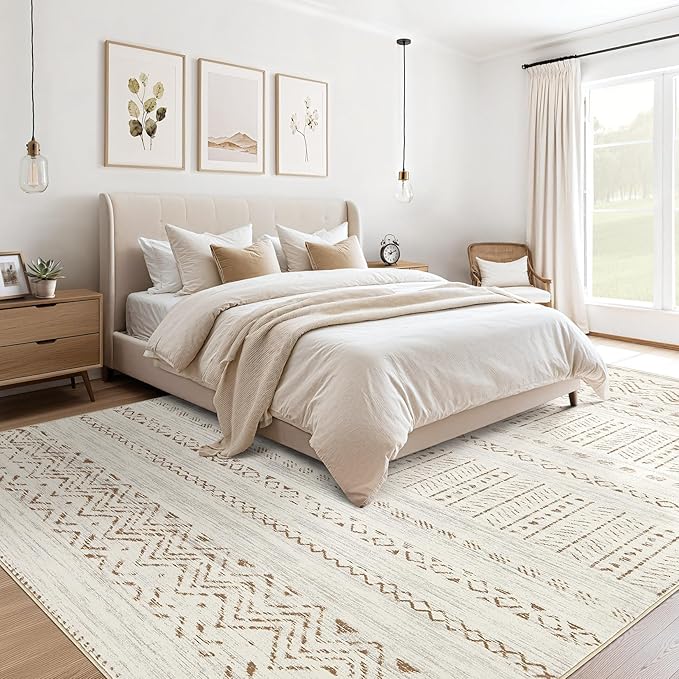 cotiled 7x9 Area Rug Living Room: Washable Boho Rugs with Non Slip Backing Large Soft Indoor Stain Resistant Carpet for Bedroom Farmhouse Dining Room Lightweight Home Decor Brown/Cream