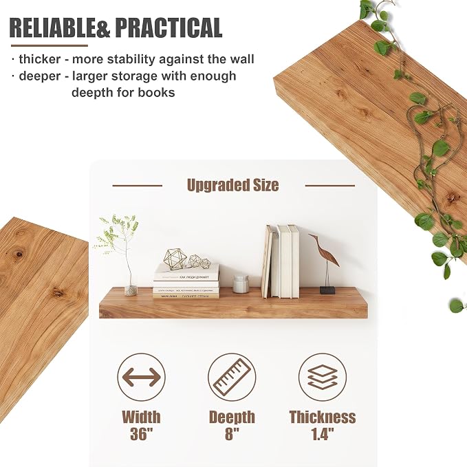 Floating Shelves for Wall, USA-Sourced Elm Wood 36 Inch Long Wall Shelves Set of 2, Natural Wooden Mounted Picture Ledge Shelf, Nursery Book Storage Shelf Kids Bookshelf, Display Shelf for Bathroom