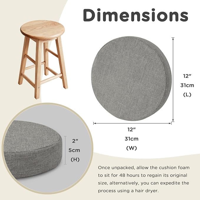 AddGrace Round Bar Stool Cushions 4 Pack Bar Stool Seat Cushion Non Slip Round Chair Pads with Removable and Washable Cover 12x12 Inch Light Grey