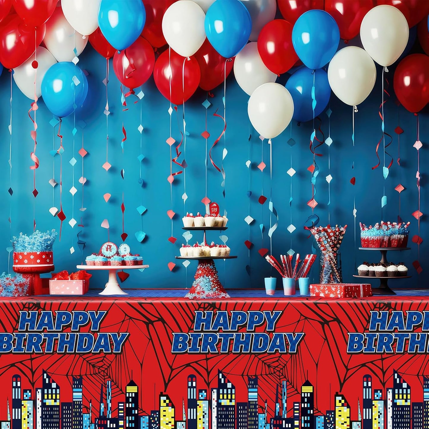 Oudain 3 Pcs Spider Tablecloth 108 x 54 in Red and Blue Plastic Disposable Table Covers City Web Theme Birthday Party Decorations Large Table Cloths for Party Indoor Outdoor (Birthday)
