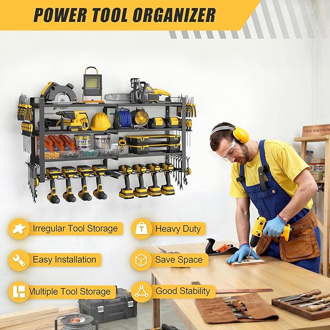 Jusgym Power Tool Organizer Wall Mount |450lbs Garage Storage Rack with 8 Cordless Drill Holder |4-Tier 32''W Heavy Duty Tool Storage Rack for Garage Organization |Gift for Men