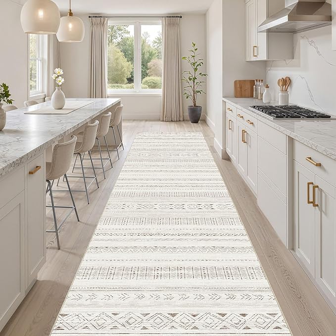 cotiled Hallway 2.6x10 Runner Rugs: Washable Boho Rugs with Non Slip Backing Large Soft Indoor Stain Resistant Carpet for Living Room Bedroom Farmhouse Dining Room Lightweight Home Decor L Brown/Cream
