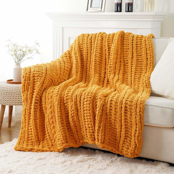 Battilo Chunky Knit Throw Blanket for Couch, Bed, 50"x60"，Mustard Yellow | Hand Knit, BohoThrow Blanket, Fall Decorative Throw, Cozy Warm Thick Soft Chenille Throw Blanket for Living Room