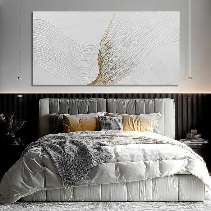 Hue7Art Contemporary White and Gold Abstract Canvas Wall Art Textured Line Design Minimalist Hand Painting Artwork for Living Room Bedroom Office Neutral Decor 29x58 Inch