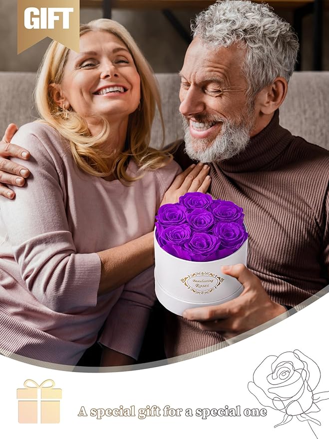 Beaulasting Long Lasting Preserved Roses in a Box Last a Year Forever Flowers for Her Mom Wife Anniversary Birthday (Round White Box, Purple)