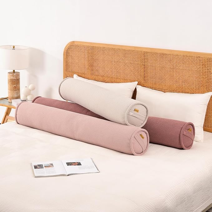 Corduroy Body Pillow,Large Round Bolster Roll Pillow for Side Sleepers, Tube-Style Hugging Body Pillow for Bed & Sofa, Removable Washable Cover,39 x 7.87 Inches,Pink