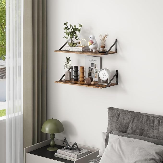 Deep Floating Shelves, 12 Inch Deep Floating Shelves for Wall, 24"W x 12"D Wall Shelves for Books, Large Rustic Wooden Shelf, Wide Display Shelf for Bathroom, Living Room, Rustic Brown, Set of 2