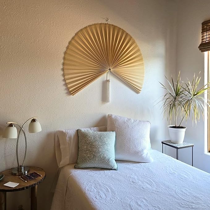 ChumDecor Fan Wall Decor, Japanese Giant Fan, Large Bamboo Fan Wall Art For Boho Hanging Headboard, Decorative Folding Fans For Over Bed, Asia Trending (Ivory 48inch)