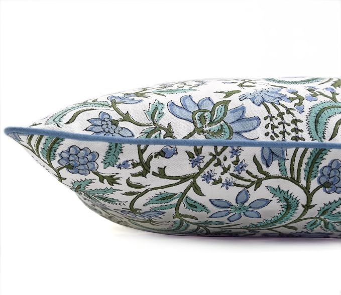Ridhi Block Print Columbia Blue Pillow Cover 16" x 16" (Pack of 2) Decorative Couch Pillows for Living Room, Chic Boho Cute Outdoor Pillows Covers Gifts for Spring, Easter and Valentine
