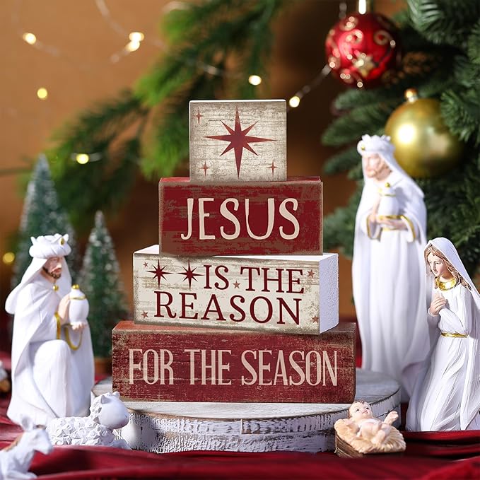 Lineshading 4 Pcs Christmas Table Decoration Jesus Decor Christmas Tiered Tray Decor Christian Centerpiece Decorative Jesus Block Signs Gift Farmhouse for Religious Home Office Tabletop Kitchen Office