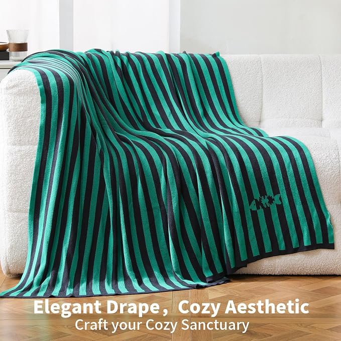 BOV Light Weight Blankets for Summer - 100% Viscose Super Soft Breathable Knit Decorative Throw Blanket for Chair Couch Sofa, Perfect Self Care Gifts for Women & Men, Moss & Charcoal Stripe 50"x60"