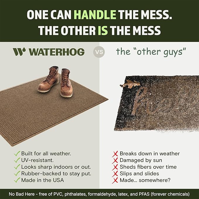 WaterHog Squares Front Door Mat Indoor Outdoor Entrance, Absorbent All-Weather Doormat with Non-Slip Rubber Backing, Dirt & Moisture Trapper, Low Profile, Easy Clean, Made in USA, 35.5"x59.5" Camel