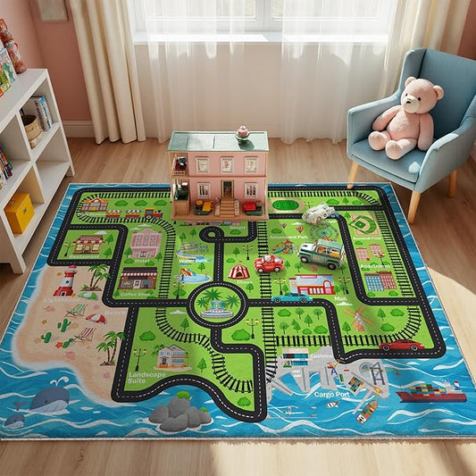 5x7ft Kids Island Train Car Play Rug - Non-Slip Faux Wool Carpet with Interactive Island Map Design, Educational Toy Vehicle Mat for Kids, Bedroom Playroom Nursery Gift.