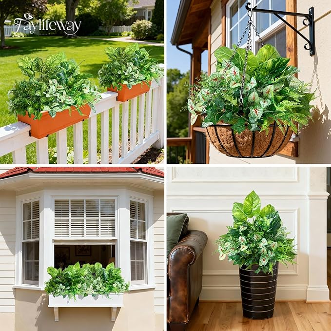 24 Bundles Artificial Plants Outdoor,UV Resistant Fake Greenery Stems with Large Shrubs Faux Plastic Plant for Outside Front Porch Planters Garden Window Box Patio Decor(Pot Not Included)