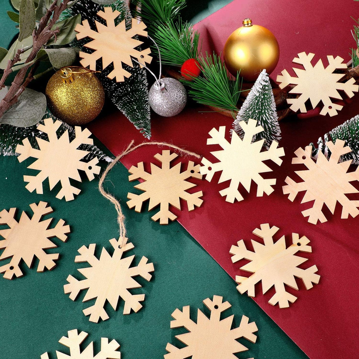 Blulu 60 Pieces Christmas Wooden Ornaments Round Wood Slices Snowflake Angel Shape with Cords for DIY Crafts New Year Christmas Tree Pendant Ornaments