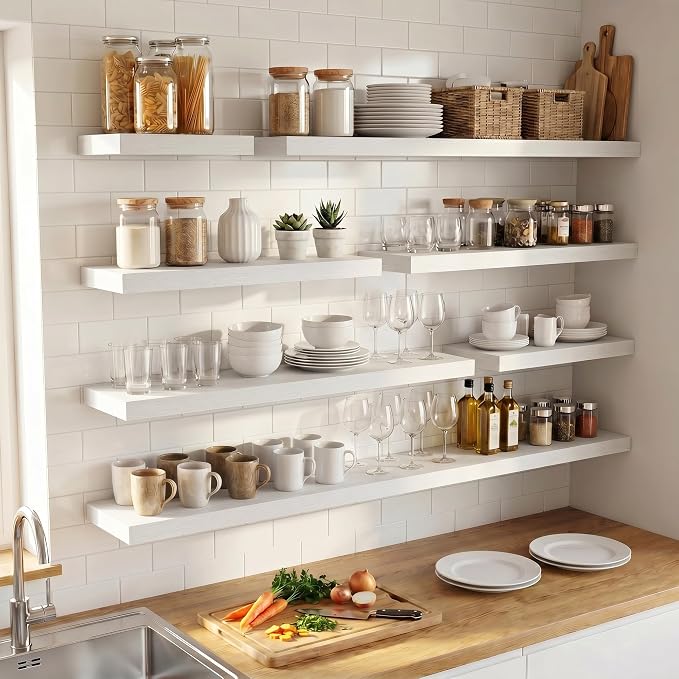 Venusmiles Floating Shelves for Wall, 20 Inch Floating Shelves Set of 2, 6.5" D Wooden Wall Mounted Display Shelves with Invisible Brackets for Living Room, Bedroom, Bathroom, Kitchen Decor, White