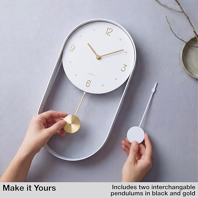 Driini Modern Pendulum Wall Clock - White and Gold Decorative Wall Clock with Pendulum - Modern Minimalist Metal Wall Clock for Living Room Décor - Silent Battery Operated Wall Clock