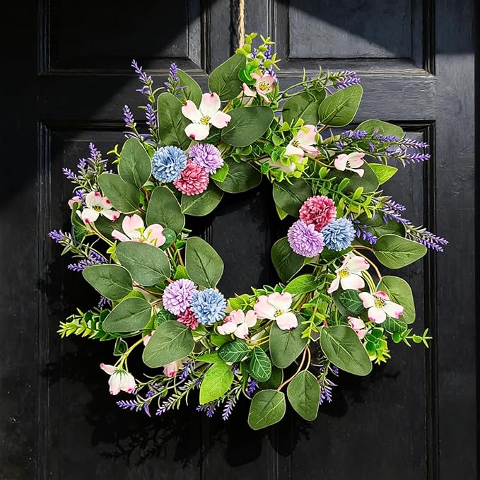 20 Inch Wreaths for Front Door, Spring Summer Flower Wreath - Purple Hydrangea Artificial Flowers for Easter, Home Decor, Farmhouse Wall, Porch, Front Door Decorations