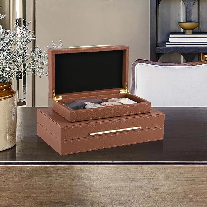 HofferRuffer Faux Leather Decorative Boxes Set of 2, Large Nesting Keepsake Box Accessory Organizer Jewelry Organizer with Hinged Lid, Stacking Storage Box Container for Home or Office (Brown)