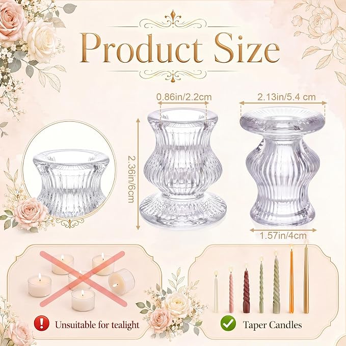 Mumufy 36 Pcs Glass Candlestick Holders Bulk 2.4 Inch Clear Candle Holders Tapered Candle Holder for Table Centerpiece Wedding Housewarming Gift Dinner Party Decor