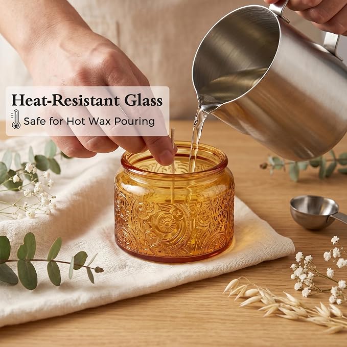 4 oz Orange Sun Moon Stars Candle Jars with Bamboo Lids, 18 Pack | Patented Embossed Design, Includes Wick Centering Devices & Warning Labels, Multiple Color Options