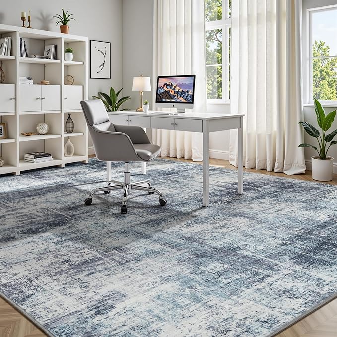 Lofus 9x12 Area Rug for Living Room, Blue Abstract Large Rugs with Non-Slip Backing, Neutral Modern Washable Carpet for Bedroom Dining Room Home Office Nursery Indoor