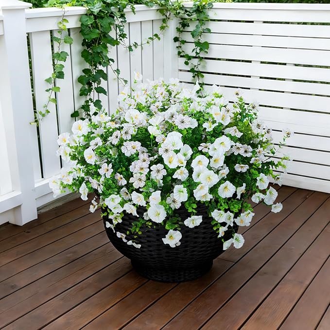 Hrobek Artificial Flowers for Outdoors Faux Plants Outside Indoor,Realistic UV Resistant Silk Fake Daisy Morning Glory for Home Patio Garden Back Yard Front Porch Decor Spring Summer(12 Bunches,White)