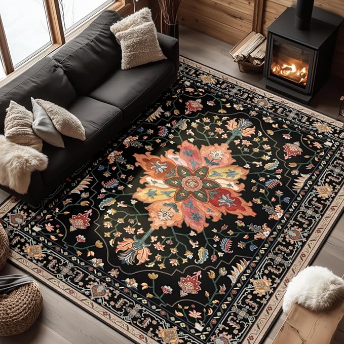 RELEANY Area Rugs 6'x8' Washable Non-Slip, Floral Vintage Distress Print Pattern Medallion Carpet for Living Room Bedroom Dining Room, Black Colorful Floral Dark Tan