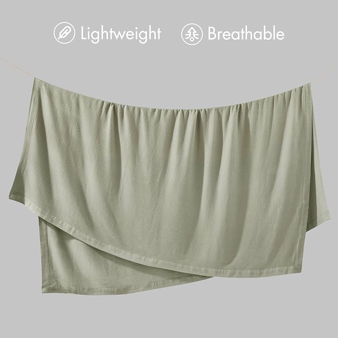 Madison Park 100% Egyptian Cotton Lightweight Summer Blanket, Breathable Waffle Knit Design, Soft Cozy All-Season Throw for Bed, Couch or Sofa, Sage Green Full/Queen Size (90"x90")