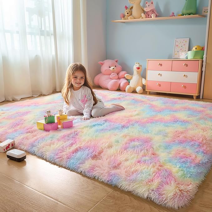 6x9 Rainbow Shaggy Kids Unicorn Rug for Girls Bedroom, Fluffy Fuzzy Soft Plush Pastel Large Area Rugs for Living Room,Washable Non Slip Nursery Boys Dorm Room Carpets