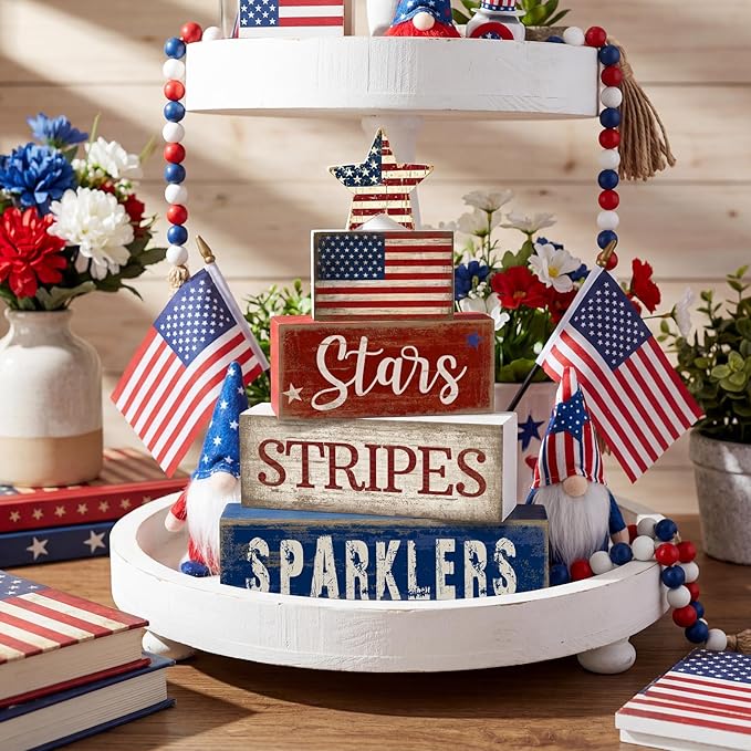 CroBlissful 5 Pcs 4th of July Decorations Patriotic Memorial Day Tabletop Decoration Red White Blue Table Centerpieces Stars Stripes Sparklers Sign for Office Tiered Tray Home Shelf 250th Anniversary