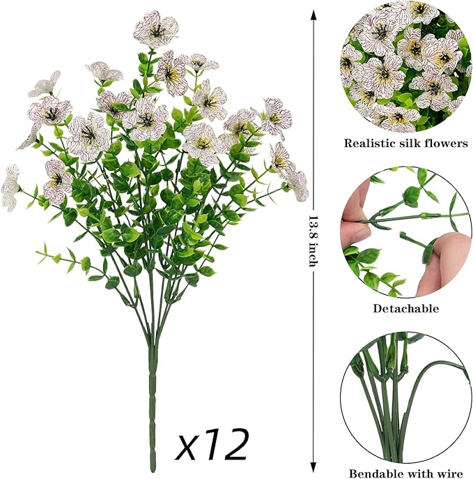 Ouddy Decor 12 Bundles Artificial Flowers for Outdoors Fake Silk Flowers UV Resistant Faux Plastic Plants for Spring Summer Garden Porch Window Box Table Vase Home Indoor Outdoor Decoration, White