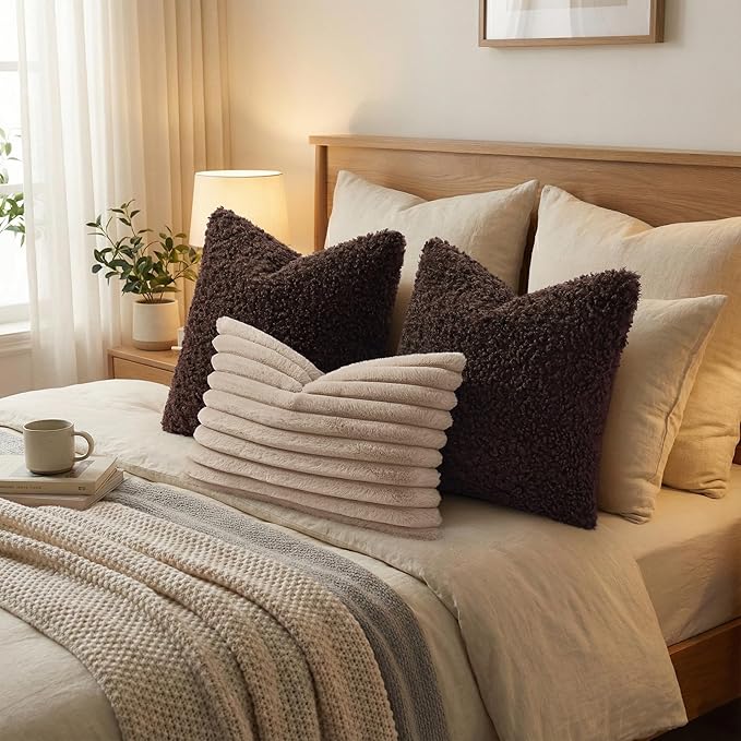 decorUhome Pack of 2 Throw Pillow Covers 18x18 Inch, Faux Fur Decorative Sherpa Pillow Covers Fuzzy Accent Soft Sheepskin Fleece Pillow Cases for Couch Living Room Bed, Chocolate