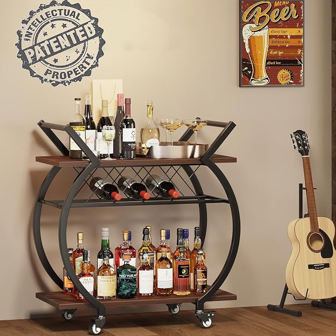 LVB Modern Gold Bar Cart, Industrial Rolling Serving Wine Cart with Wine Rack, Coffee Liquor Drink Cart with Storage and Wheels, Wood and Metal Kitchen Microwave Beverage Cart for Home, Walnut