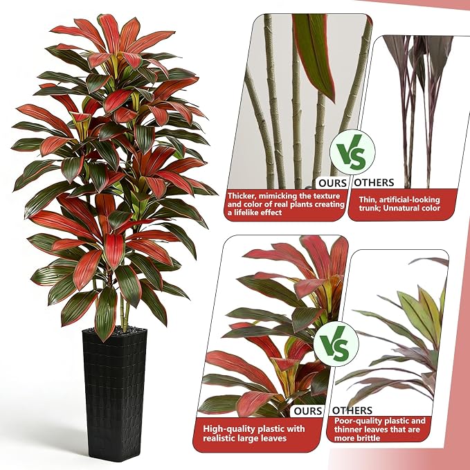 Artificial Red Dracaena Tree - 7FT Tall Fake Plants with Black Square Planter - Artificial Plants Indoor Floor Plant in Pot - Large Tropical Fake Yucca Potted Tree for Home Office Living Room Decor