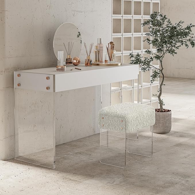 Vanity Stool Chair and Pouf Ottoman-Modern Multifunctional Vanity Stool and Foot Rest with Wool and Acrylic Leg for Makeup Room, Living Room, Bedroom