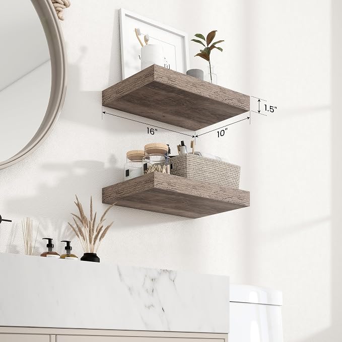 Axeman 16Inch Floating Shelves for Wall, 2 Pack Shelves for Bedroom, Bathroom, Kitchen, Hanging Wall Mounted Rustic Wood Shelf with Invisible Brackets for Books Decor, Grey