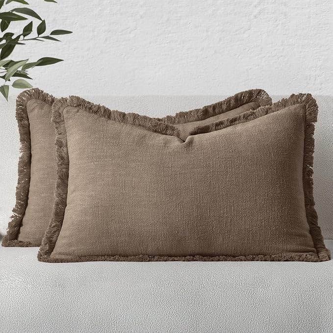 MIULEE Decorative Lumbar Throw Pillow Covers Neutral Linen Fringe Throw Pillows Set of 2 Cocoa Brown Boho Farmhouse Cushion Covers for Couch Sofa Bed Living Room Fall Home Decor 12x20 Inch