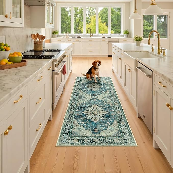 RELEANY Area Rugs 2'x6' Runner Rug Non Slip Washable for Kitchen Hallway Bedroom Beside Laundry Room Bathroom Rug, Floor Carpet, Dark Blue Vintage