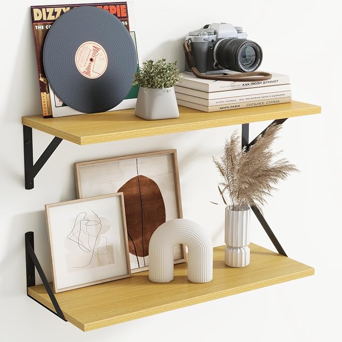 Acovy Floating Shelves for Wall Decor,24" Wx8 D Wall Mount Floating Bookshelf Set of 2,Hanging Storage Shelf with Sturdy Metal Brackets,Wooden Shelf for Living Room,Bedroom,Bathroom,Oak