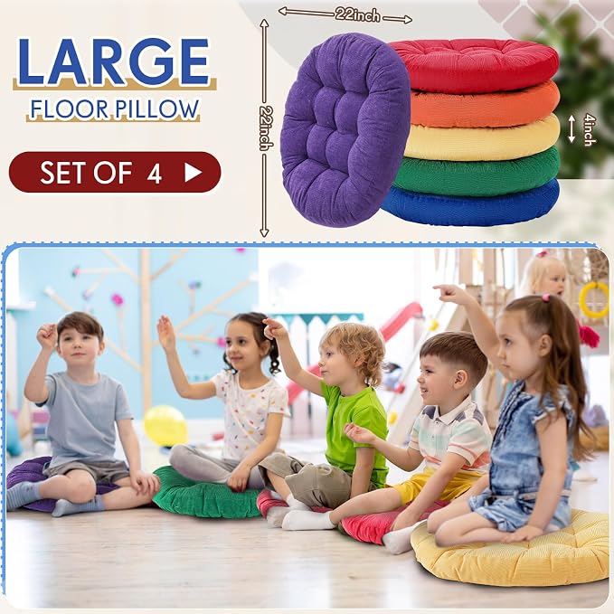 Jerify 6 Pcs Floor Pillow Cushions Large Round Square Large Meditation Floor Pillow for Classroom Adult Meditation Picnic Party Seating Learning Daycare School (Round,Rainbow Color)