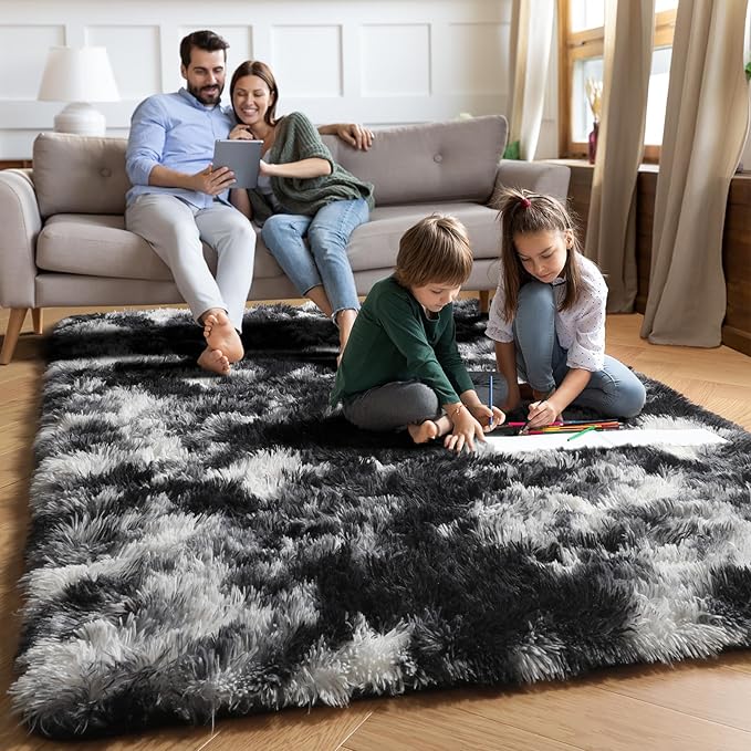 PAGISOFE Black White Rugs for Living Room 6x9, Shag Fuzzy Fluffy Rugs for Bedroom Kids Room Playroom Dorm Shaggy Soft Carpet for Home Decor Aesthetic Plush Bedside Rug Modern Grey Rug