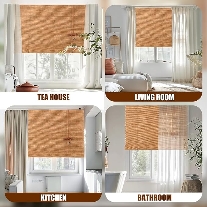 Outdoor Bamboo Roller Blinds Shades, Vertical Lifting and Breathable Waterproof Design, Sun Shade, Blackout and Ventilation, Easy Installation,24" W×64" H